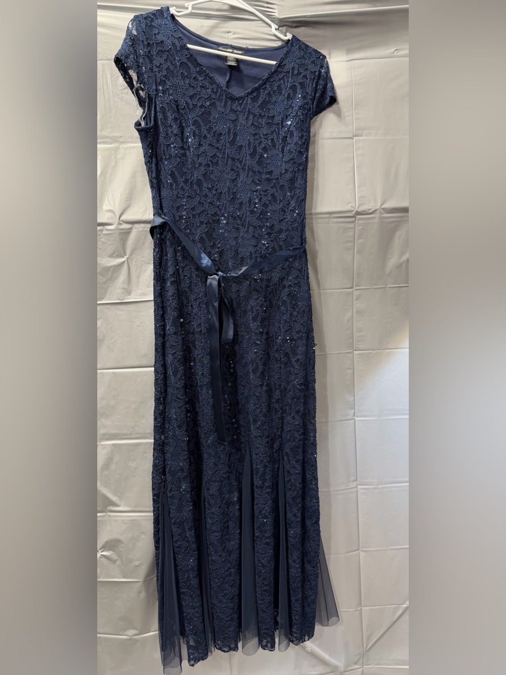 Navy Lace Maxi Dress with Satin Waist Tie - Unbranded